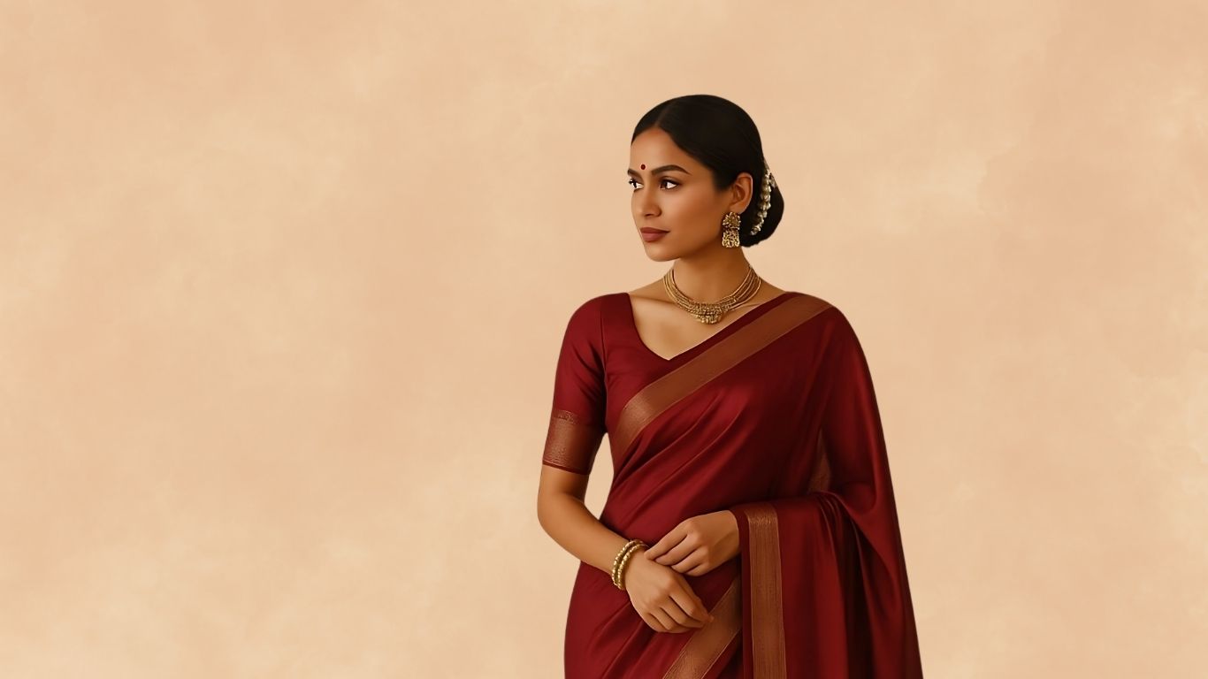 Woman wearing a maroon saree with a plain background